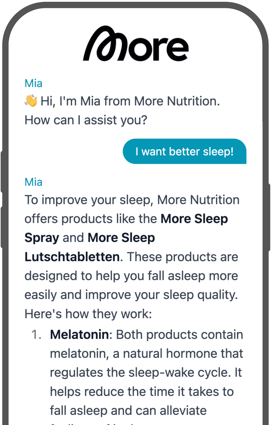A smartphone screen displaying a chatbot conversation with "Mia" from More Nutrition. The user requests help for better sleep. Mia suggests "More Sleep Spray" and "More Sleep Lutschtabletten," explaining their melatonin content and benefits for improving sleep quality.