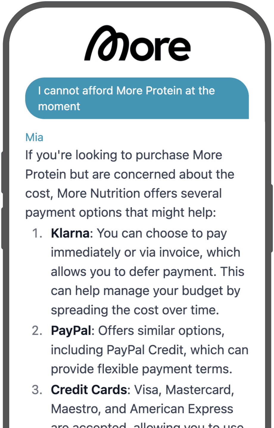 A smartphone screen displaying a chatbot response to a user who cannot afford "More Protein." Mia lists different payment options, including Klarna for deferred payments, PayPal for flexible payment terms, and credit card options like Visa, Mastercard, Maestro, and American Express.