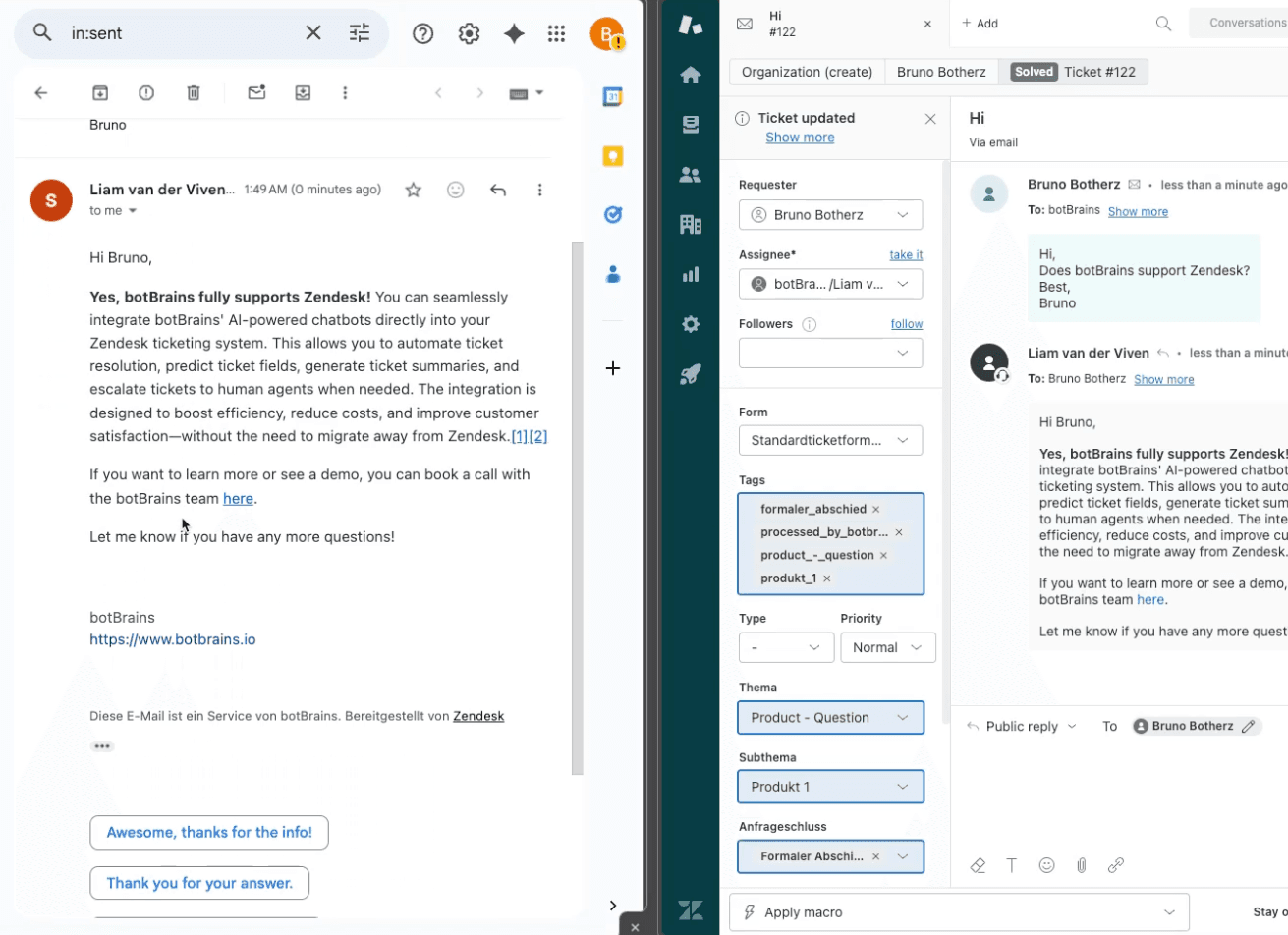 Mock: KI-Antwort und Quellenangaben in einem Zendesk-Kommentar-Thread