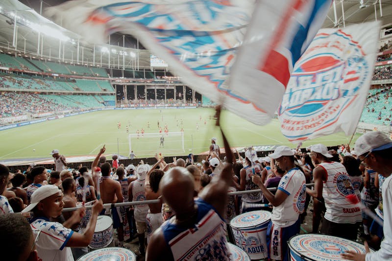 Enthusiastic fans cheering during soccer match