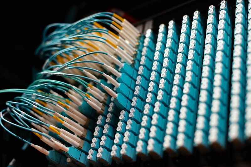 Blue fiber optic cables connected to network switch