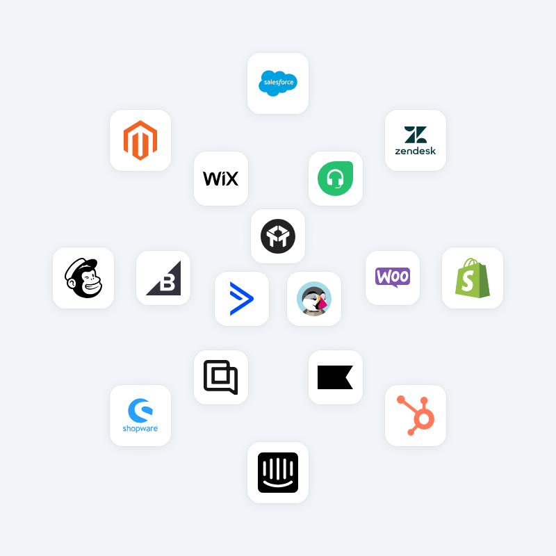 Integration logos for Salesforce, Zendesk, Shopify, HubSpot, and more